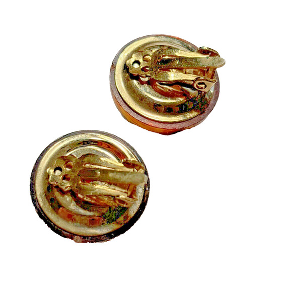 Vintage Clip On Earrings Lucite Domes Orange Red Faux Tortoise Shell Buttons - Picture 3 of 8